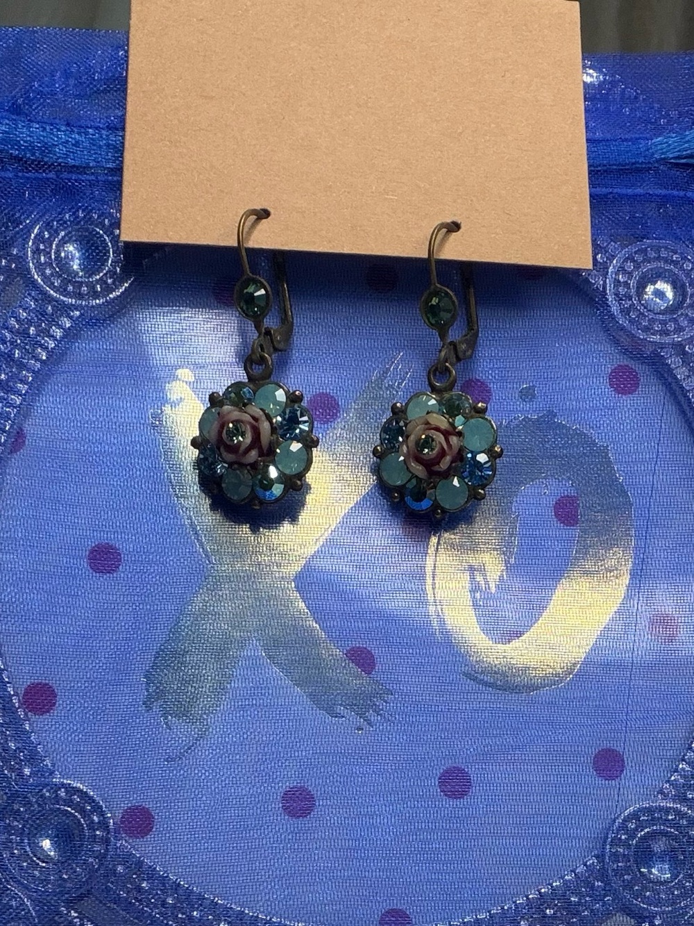 Victorian Revival Dusty Rose Flower Montana Blue Crystal Drop Earrings Leverback